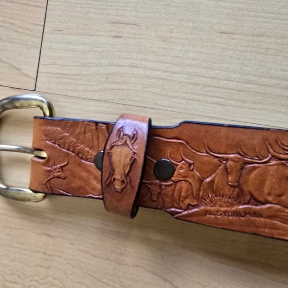 Al Stohlman Belt Brown Leather Embossed Western Longhorn Belt 32 - Picture 11 of 16